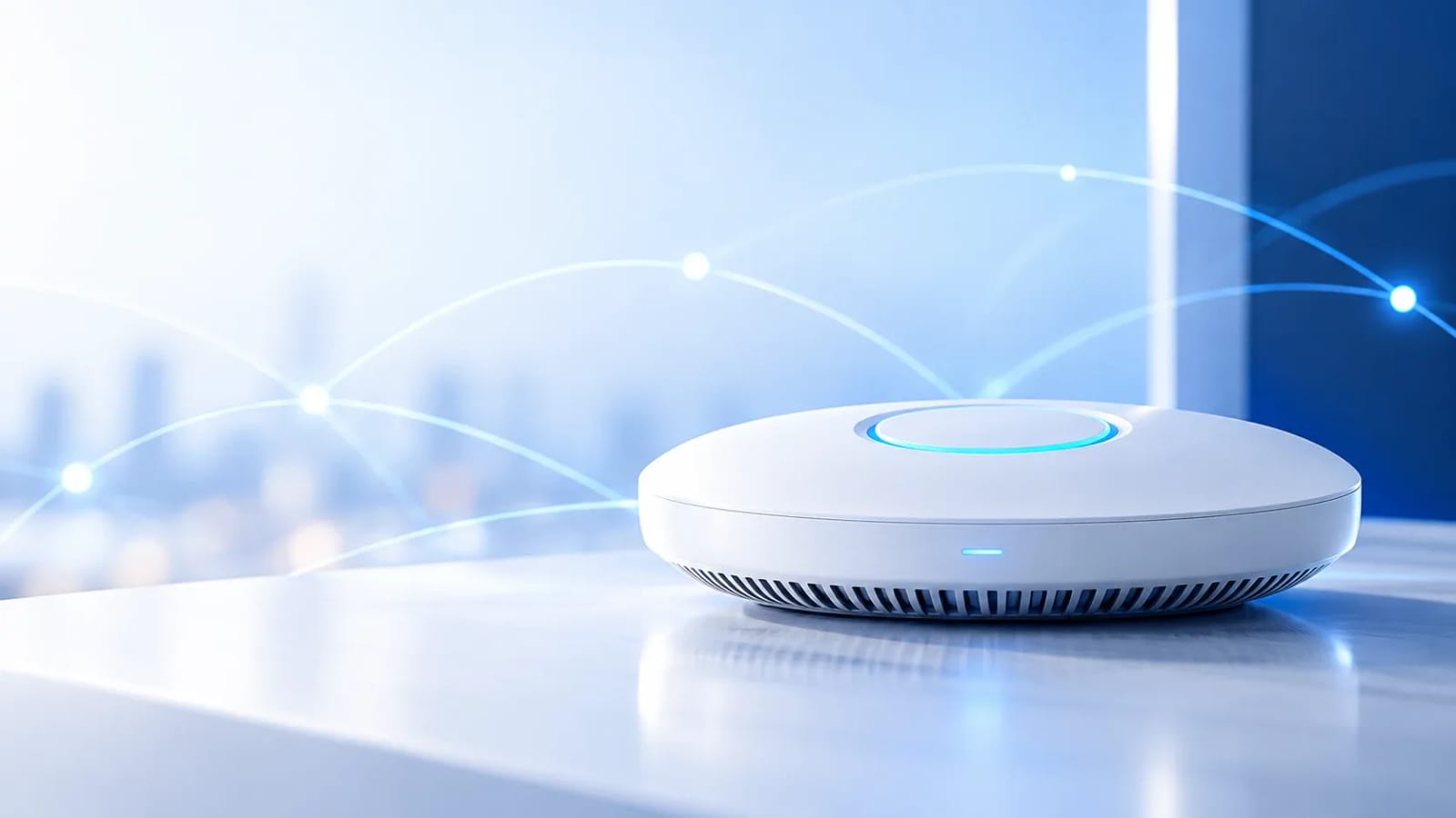 Access point de Wi-Fi branco com luz azul, usado para distribuir a rede ao público