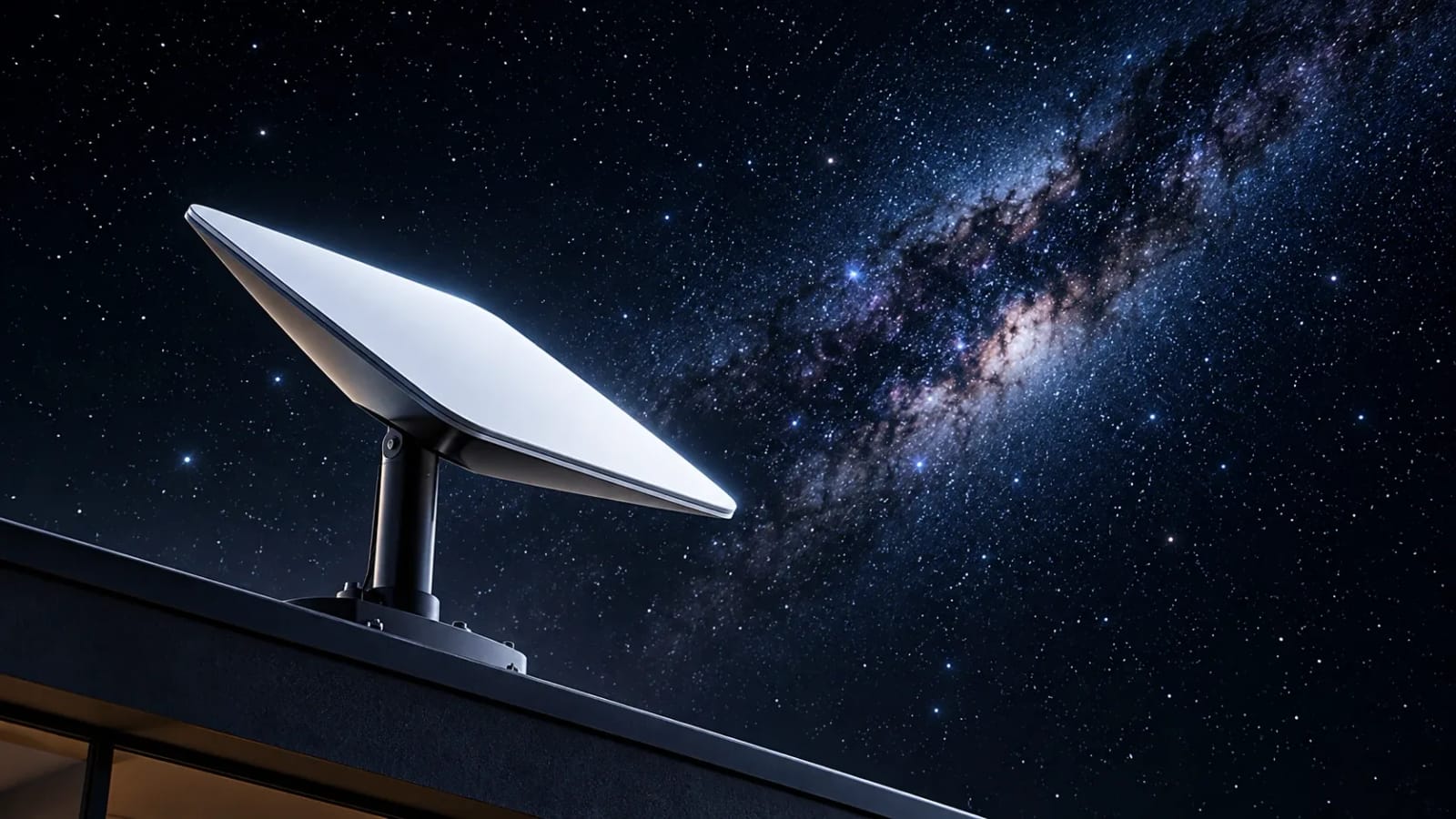 Antena Starlink apontada para o céu aberto, sem obstáculos ao redor
