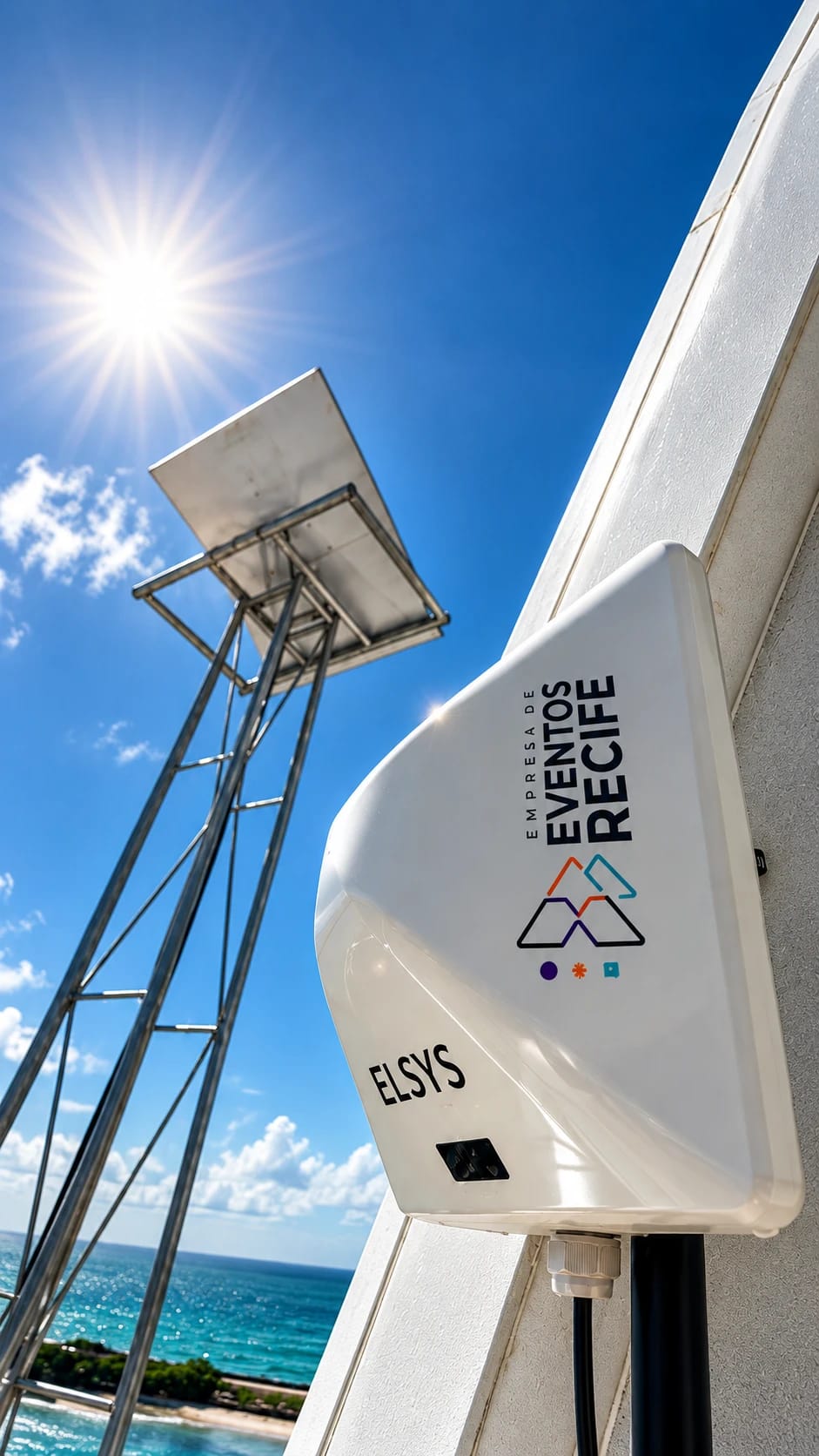 Antena Starlink no alto de um tripé metálico contra o sol e o céu azul, ao lado do modem 5G Elsys branco instalado em primeiro plano, com o mar e nuvens ao fundo