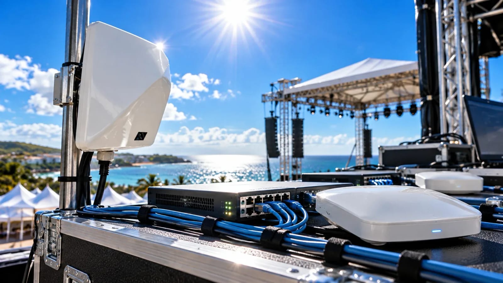 Antena 5G em mastro, switch de rede e access point montados sobre case ao lado do palco de um evento ao ar livre